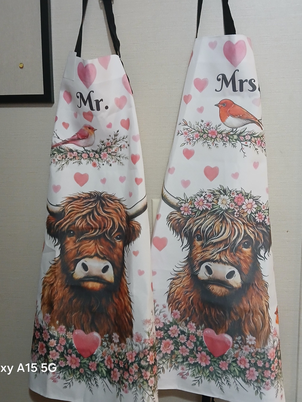 Mr. and Mrs. Highland Cow Apron Set - Pink Heart Design